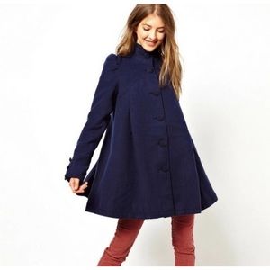 Free People Pleated Swing Blue Pea Coat Vintage Look Puff Shoulder 8